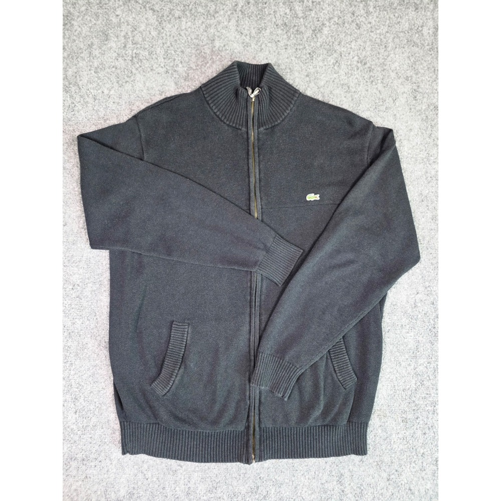 Lacoste Full Zip Cardigan Sweater Mens Size 6 Black Mock Neck Logo Knit